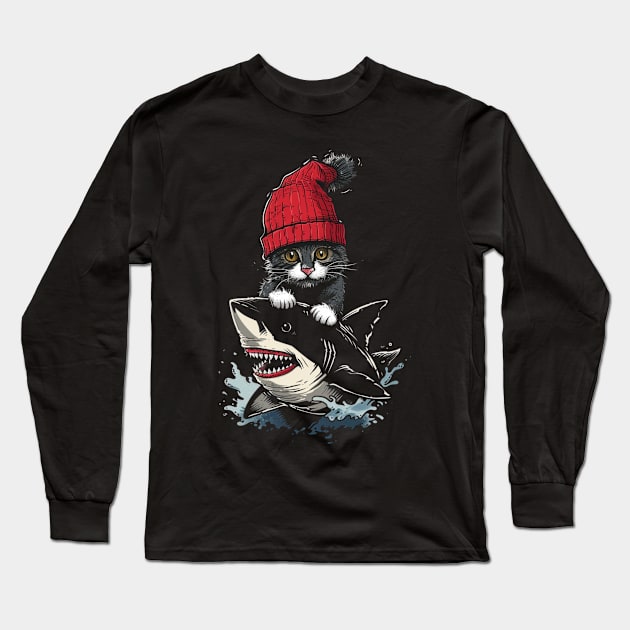 Cat Riding Shark Whiskered Adventure Long Sleeve T-Shirt by BilodeauBlue